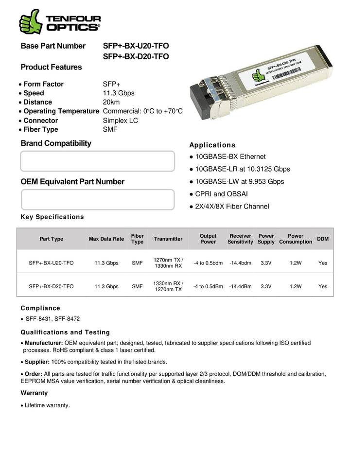 10G SFP+ BiDi upstream 20km optical transceiver datasheet — TenFourOptics