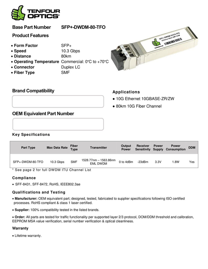 10G SFP+ DWDM 80km optical transceiver datasheet — TenFourOptics