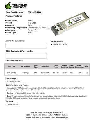 Cisco SFP-10G-ZR Compatible 10G SFP+ ZR 1550nm 80km DOM Transceiver Module
