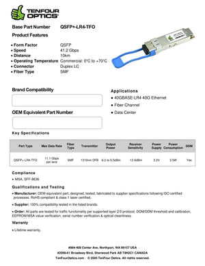 Cisco QSFP-40G-LR4-S Compatible 40G QSFP+ LR4 Four 10Gbps CWDM wavelengths: 1271nm, 1291nm, 1311nm and 1331nm 10km DOM Transceiver Module