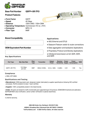 Dell 407-BBOI Compatible 40G QSFP+ SR4 850nm 150m DOM Transceiver Module