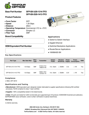 Calix 100-01669 Compatible 1000BASE SFP BX-D20 Tx: 1490nm / Rx: 1310nm 20km DOM Transceiver Module