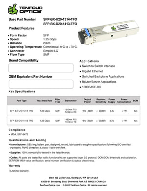 Cisco GLC-BX-D Compatible 1000BASE SFP BX-D10 Tx: 1490nm / Rx: 1310nm 10km DOM Transceiver Module