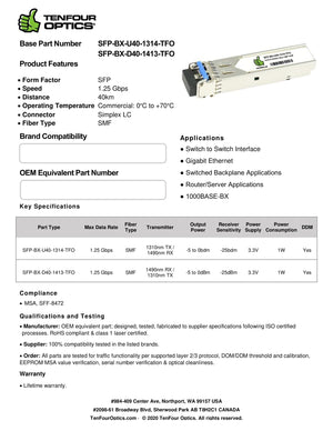 Calix 100-01603 Compatible 1000BASE SFP BX-U40 Tx: 1310nm / Rx: 1490nm 40km DOM Transceiver Module