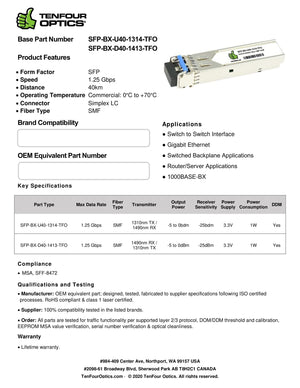 Cyan 280-0351-00 Compatible 10G SFP+ BX-D40 Tx: 1330nm / Rx: 1270nm 40km DOM Transceiver Module