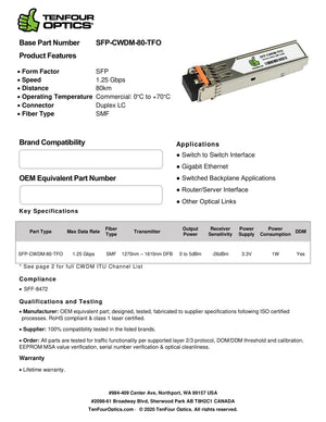 Calix 100-02135 Compatible 1000BASE SFP CWDM 1510nm 80km DOM Transceiver Module