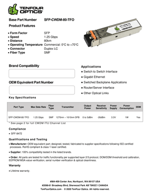 Calix 100-02136 Compatible 1000BASE SFP CWDM 1530nm 80km DOM Transceiver Module