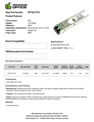 Calix 100-01663 Compatible 1000BASE SFP EX 1310nm 40km DOM Transceiver Module