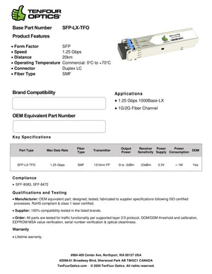 Calix 100-01662 Compatible 1000BASE SFP LX 1310nm 10km DOM Transceiver Module