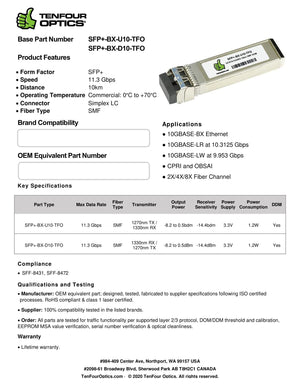 Calix 100-03499-C Compatible 10G SFP+ BX-U10 Tx: 1270nm / Rx: 1330nm 10km DOM Transceiver Module