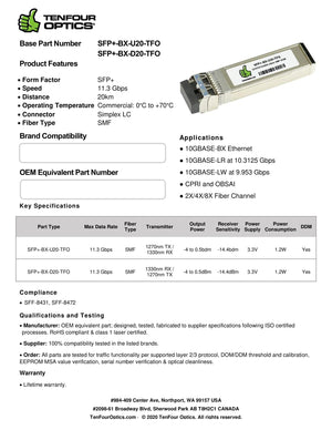 HP J9142B Compatible 1000BASE SFP BX-D20 Tx: 1490nm / Rx: 1310nm 20km DOM Transceiver Module