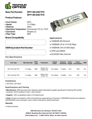 Calix 100-02151 Compatible 10G SFP+ BX-U40 Tx: 1270nm / Rx: 1330nm 40km DOM Transceiver Module