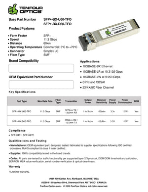 Cisco SFP-10G-BX60D-C Compatible 10G SFP+ BX-D60 Tx: 1330nm / Rx: 1270nm 60km DOM Transceiver Module