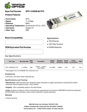 Ciena XCVR-C70D57 Compatible 10G SFP+ CWDM 1570nm 70km DOM Transceiver Module