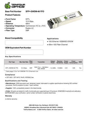 Arista SFP-10G-DW-30.33 Compatible 10G SFP+ DWDM 1530.33nm 40km DOM Transceiver Module
