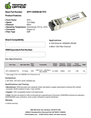 MRV SFP27DWLR08 Compatible 10G SFP+ DWDM 1536.61nm Ch 51 80km C-Temp DOM Transceiver Module