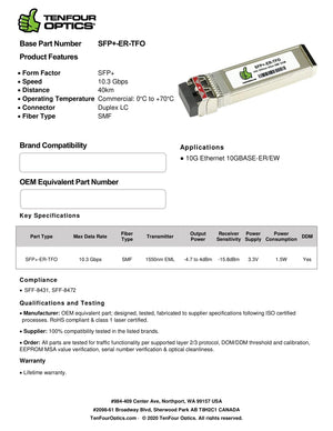 Calix 100-01511 Compatible 10G SFP+ ER 1550nm 40km DOM Transceiver Module