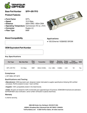 Calix 100-01514 Compatible 10G SFP+ SR 850nm 300m DOM Transceiver Module