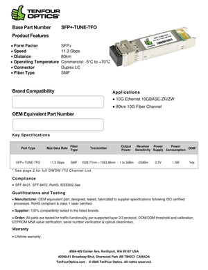 Ciena 160-9201-900 Compatible 10G SFP+ Tunable 1528.77nm - 1565.50nm 80km DOM Transceiver Module TAA Compliant