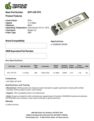 Adtran 1442480G1 Compatible 10G SFP+ ZR 1550nm 80km DOM Transceiver Module