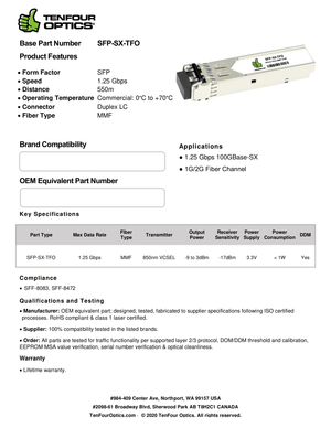 Calix 100-01660 Compatible 1000BASE SFP SX 850nm 550m DOM Transceiver Module
