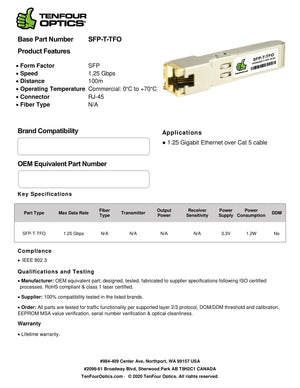 Finisar FCMJ-8521-3 Compatible 10/100/1000BASE SFP T 100m DOM Transceiver Module