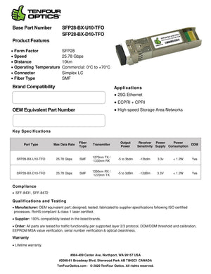 Ciena XCVR-S2810U33-I Compatible 25G SFP28 BX-D10 Tx: 1330nm / Rx: 1270nm 10km DOM Transceiver Module