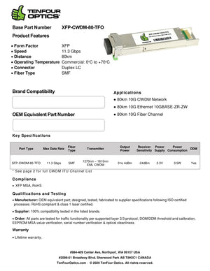 Calix 100-02143 Compatible 10GBASE / OC-192 XFP CWDM 1510nm 70km DOM Transceiver Module