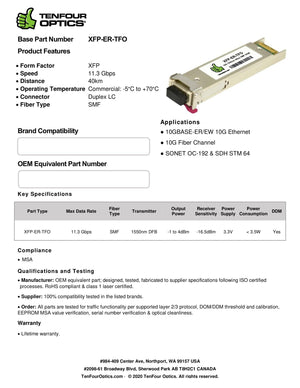 Cyan 280-0015-00 Compatible 10G XFP ER 1550nm 40km DOM Transceiver Module