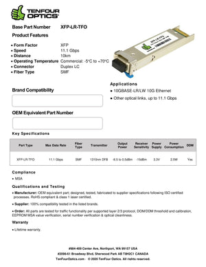 Finisar FTLX1411D3 Compatible 10G XFP LR 1310nm 10km DOM Transceiver Module