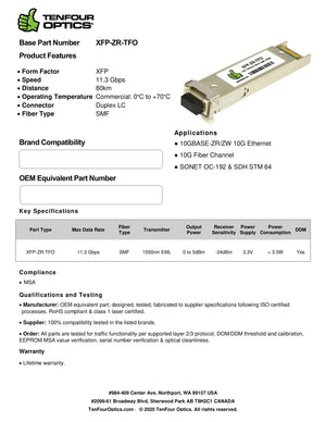 Cisco ONS-XC-10G-L2 Compatible OC-192 / 10GBASE XFP ZR 1550nm 80km DOM Transceiver Module